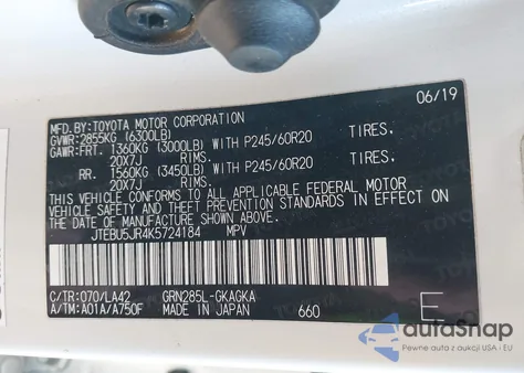 2019 Toyota 4Runner Limited из США, поврежденный, VIN JTEBU5JR4K5724184